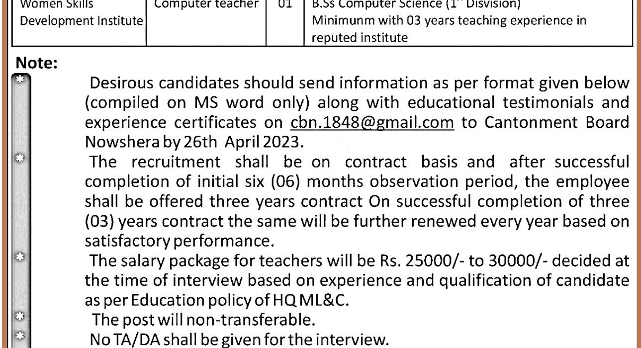 Cantonment Board Nowshera 2023 Jobs
